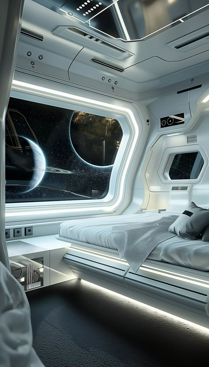 the interior of a futuristic space ship with an open window and bedspread on each side