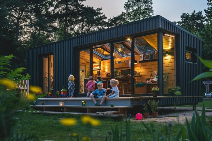 some people are sitting on the porch of a tiny house