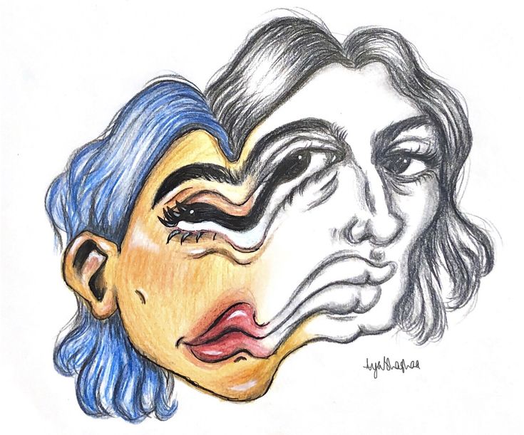 a drawing of two people with different colored hair and one has his face painted to look like