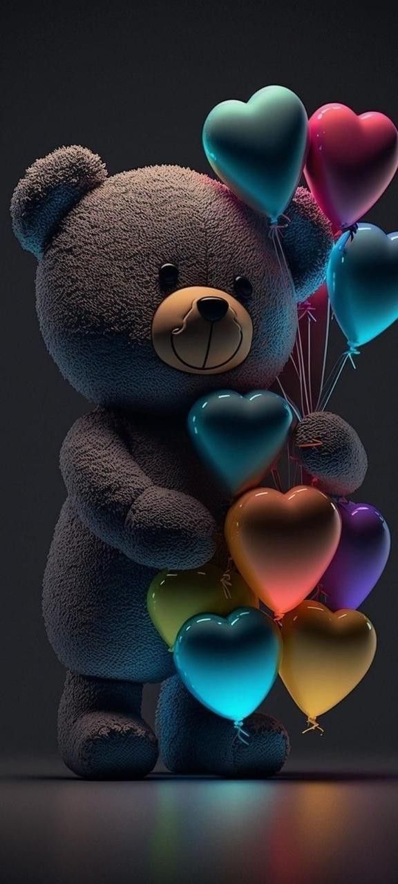 a teddy bear holding several heart shaped balloons