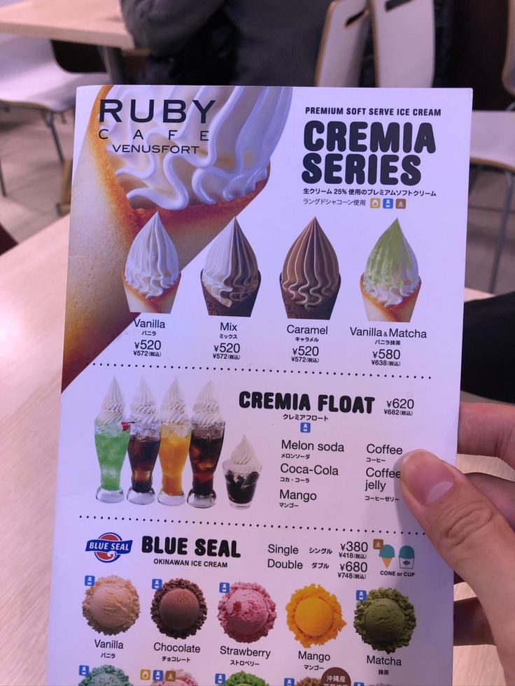 a person holding up a menu for some kind of ice cream desserts in front of them