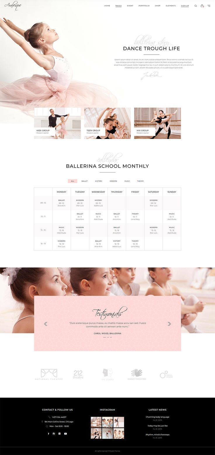 the website design for ballet school