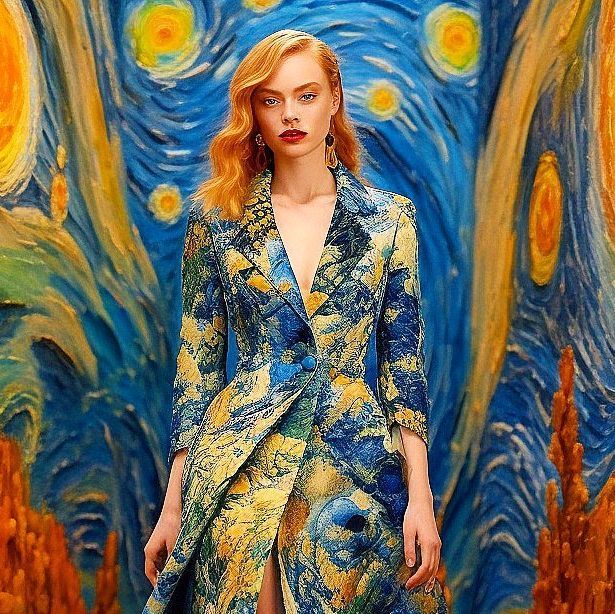 a model walks down the runway in a blue and yellow dress with an artistic painting behind her