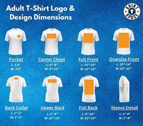 How to Place a Logo on a Shirt | ShirtSpace Where To Place Logos On Tshirts, Back Of Shirt Vinyl Size, Size Of Designs On Shirts, Where To Place Decals On Shirts, T Shirt Logo Placement Guide, Logos On Shirts, Work Shirts With Logo, Vinyl Placement On Back Of Shirt, Decal Placement On Shirt