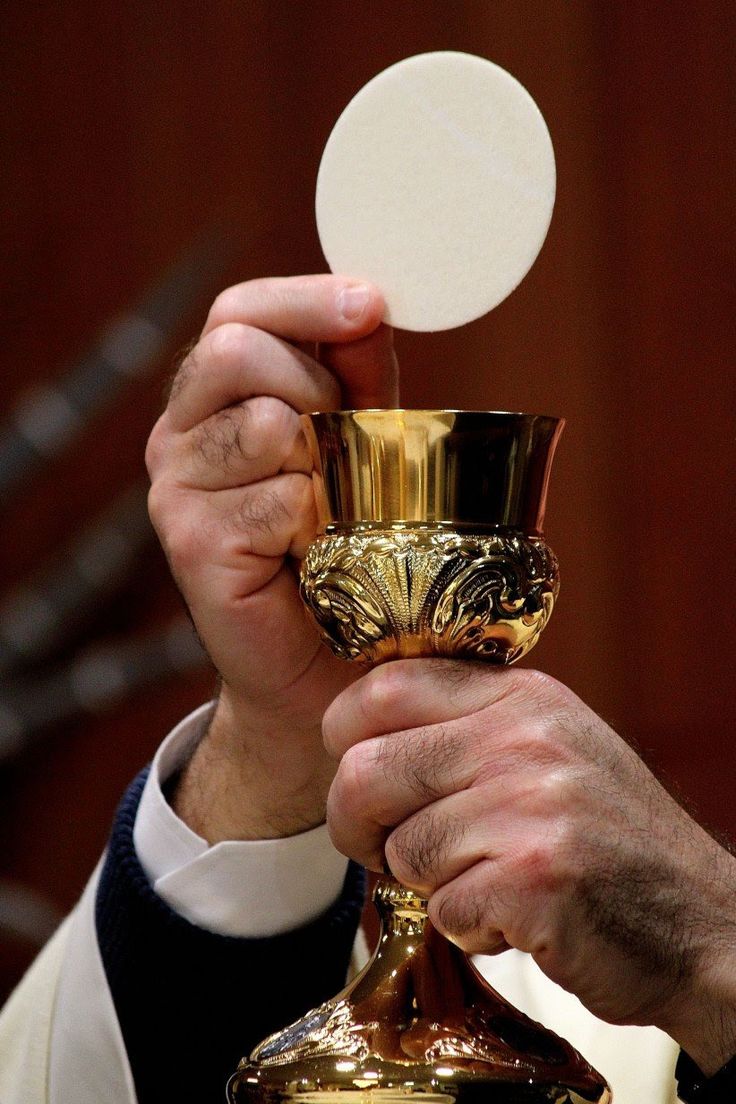 the priest is holding up his chalicet to show off it's gold finish