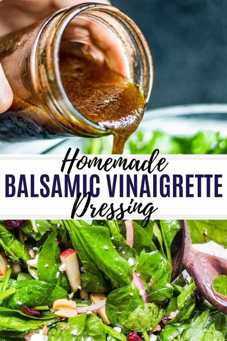 homemade balsamic vinaigrete dressing is being poured onto a salad