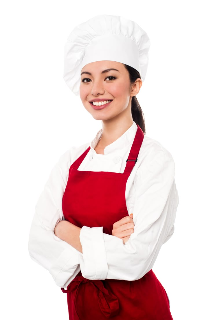 a woman in an apron and hat is posing for the camera with her arms crossed