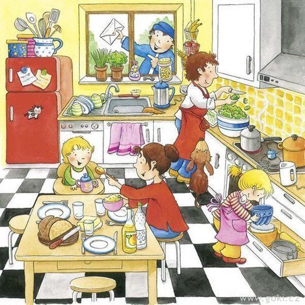 children are in the kitchen eating and drinking