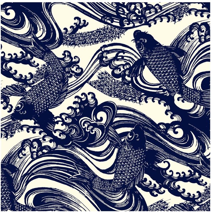 a blue and white pattern with fish in the water