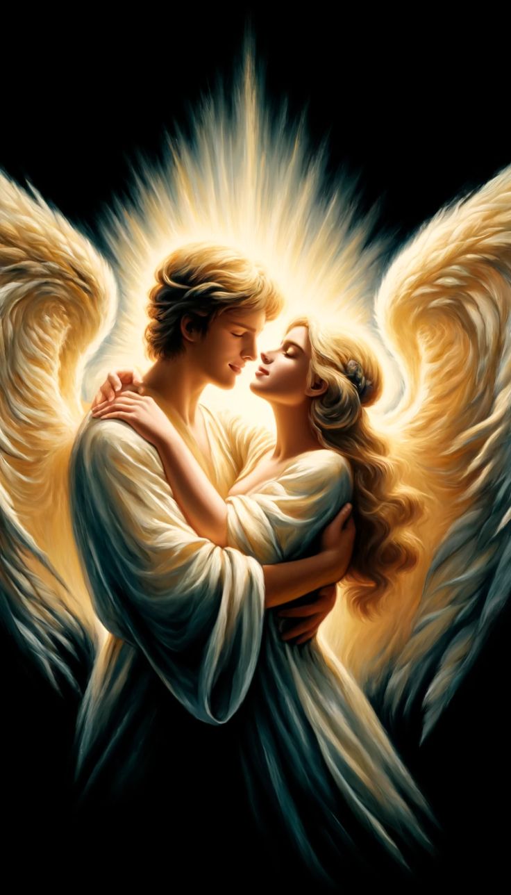 an angel holding a woman in her arms with the light coming from behind it,