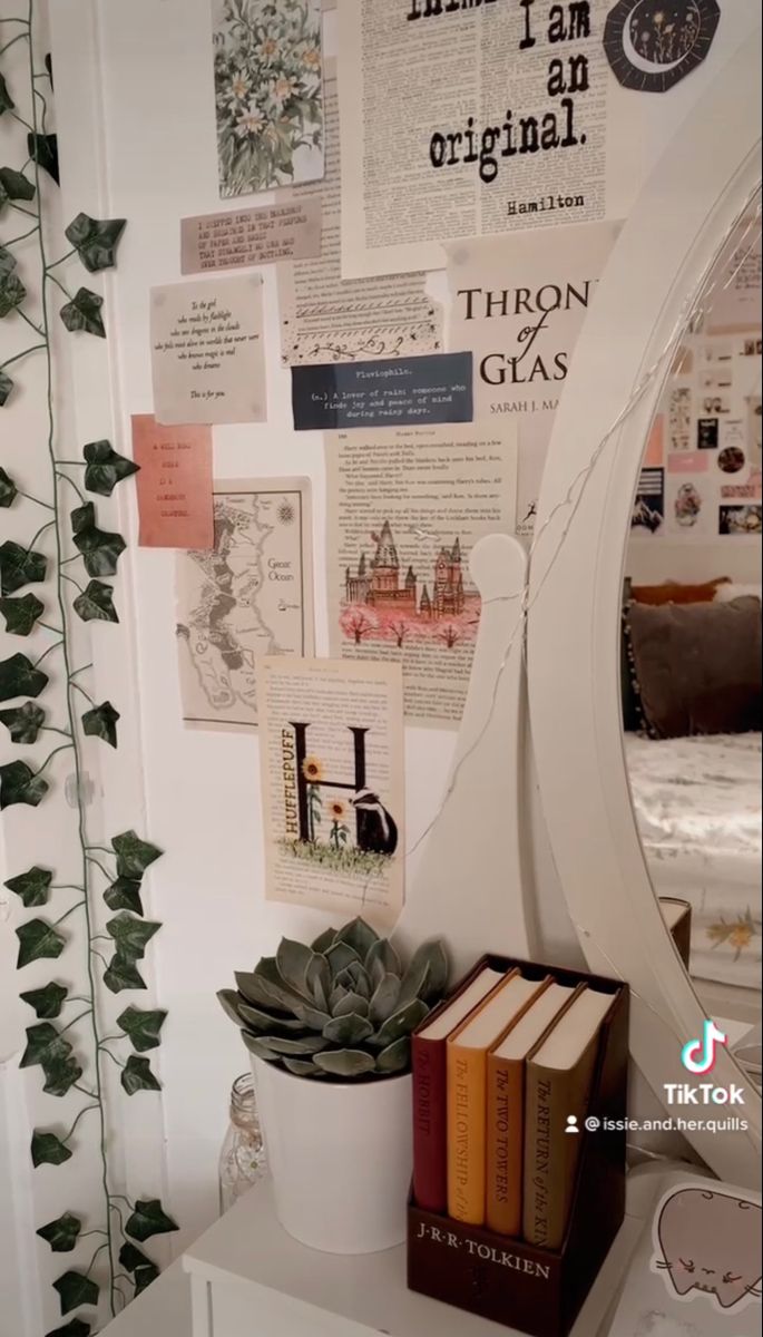 a white shelf topped with books next to a mirror covered in paper and ivys