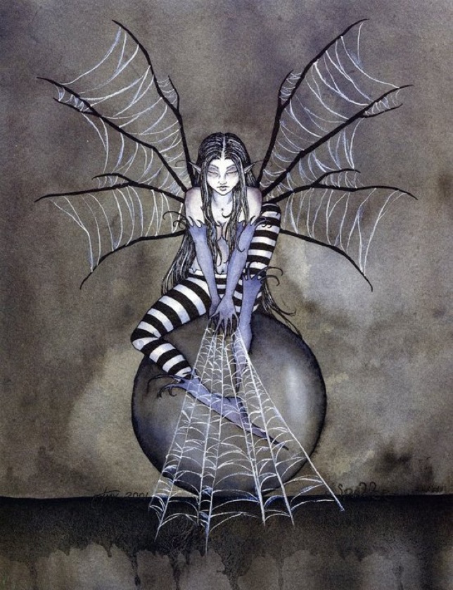 a painting of a woman sitting on top of a spider web