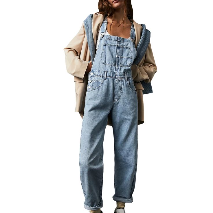 Olivia Mark - Relaxed Fit Denim Overalls Trousers Spring Light Wash Overalls For Workwear, Spring Utility Style Medium Wash Denim Jumpsuit, Spring Utility Cotton Jeans, Blue Utility Denim Jumpsuit For Spring, Utility Blue Denim Jumpsuit For Spring, Light Wash Denim Jumpsuit With Pockets, Spring Light Wash Denim Overalls, Light Wash Denim Overalls For Spring, Blue Baggy Straight Leg Overalls