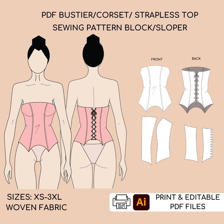 Pdf Strapless Bodice | Bustier/ Corset Printable Pdf Sewing Pattern Block Set, Pdf Sewing Pattern, Instant Download  Sizes XS-3XL | Instant Download Are you a self-taught sewer or a professional fashion designer? Fashion student or graduate, crafter, seamstress, tailor, or pattern maker? Do you create patterns for fun or professional? Then this is for you! It is a Women's Pdf Sewing Patterns Block (Sloper) for woven fabrics It is a TOOL (Basic Template), to work with and develop into a variety o Corset Bustier Pattern, Strapless Corset Top Pattern, Strapless Bodice Pattern, Corset Pattern With Boning, Easy Bustier Pattern, Basque Corset Pattern Drafting, Free Corset Pattern, Corset Sewing Pattern Bustiers, Corset Top Pattern