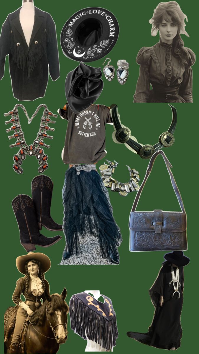 Gothic western with a vintage touch Punk Western Fashion, Western Witch Aesthetic, Westerncore Aesthetic, Goth Western Aesthetic, Clothing Collage, Goth Western, Gothic Western, Western Goth, Grunge Western