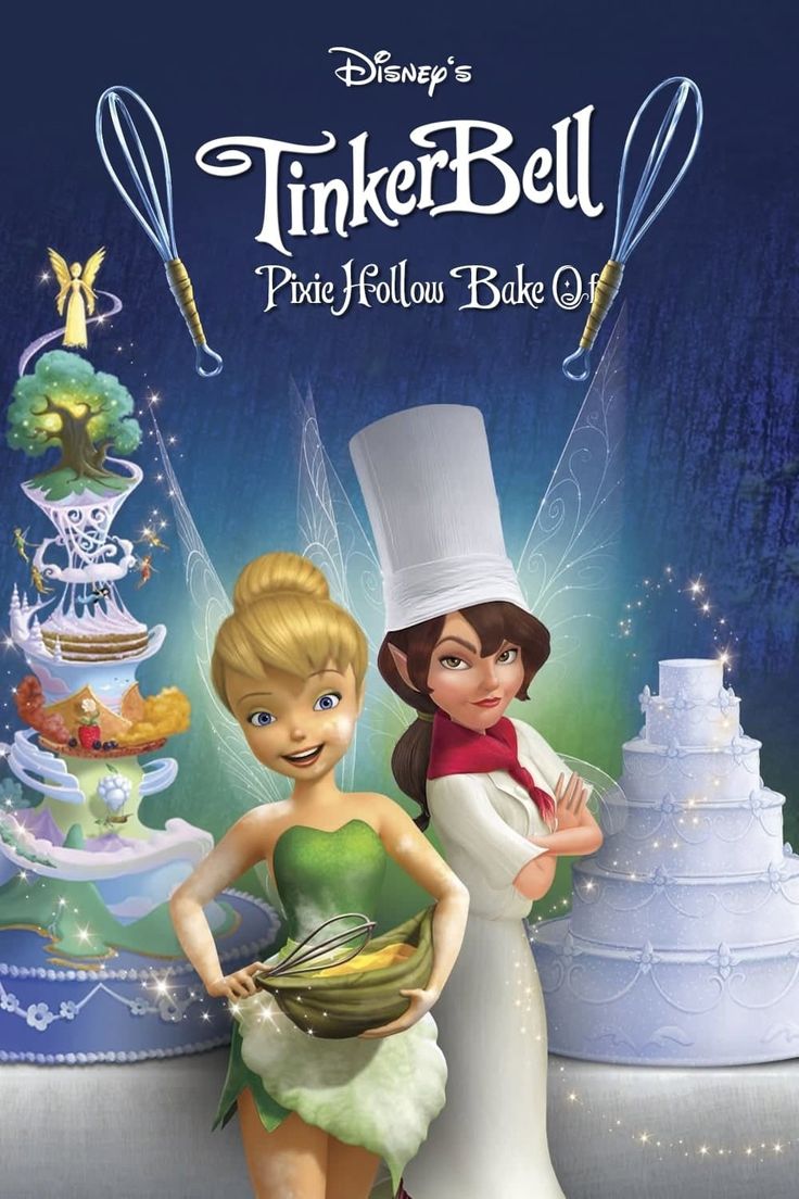 the tinker bell movie poster with two girls standing next to each other, one holding a cake