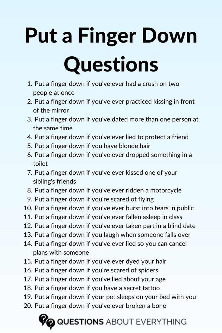 list of 20 put a finger down questions Put A Finger Down Questions, Question Game For Friends, Game For Friends, Funny Truth Or Dare, Best Friend Test, Good Truth Or Dares, Fun Sleepover Games, Sleepover Stuff, Funny Party Games