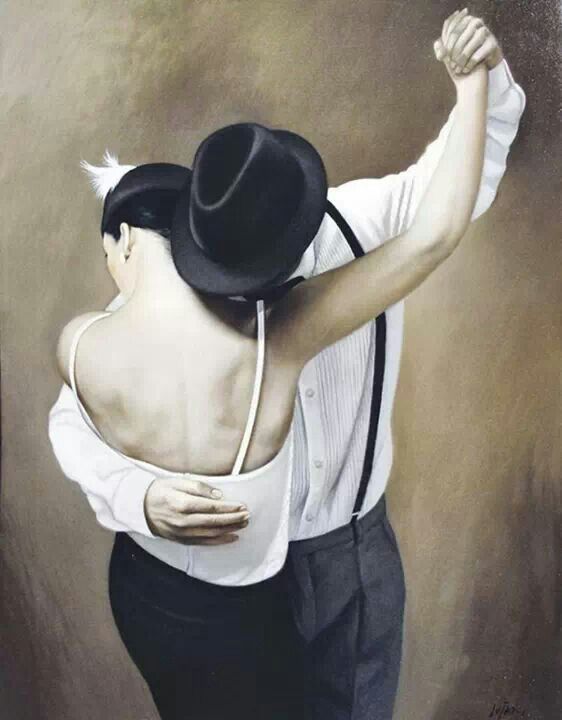 a painting of a man and woman hugging each other with their arms in the air