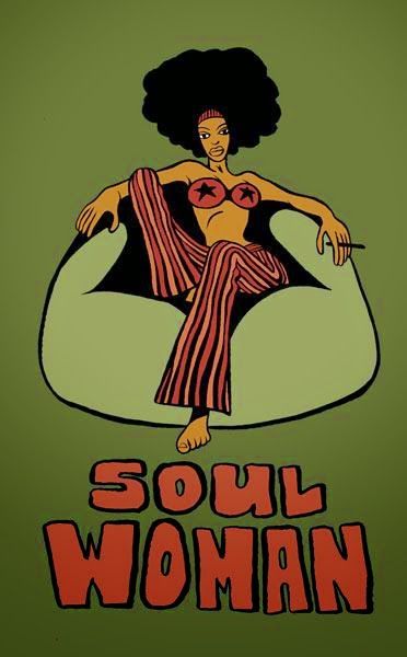 a woman sitting on top of a bean bag chair with the words soul woman above it