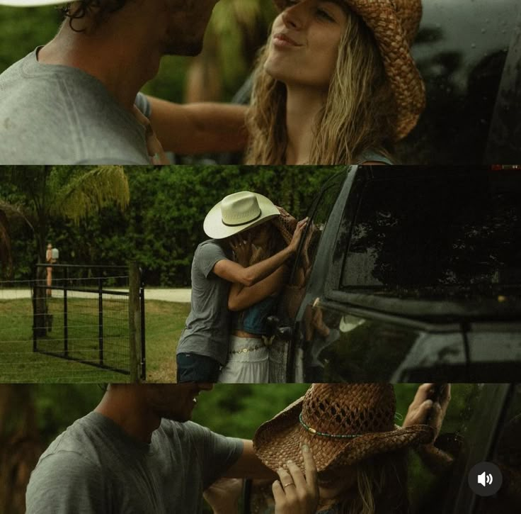 a man and woman kissing in the back of a truck while another person is standing next to them