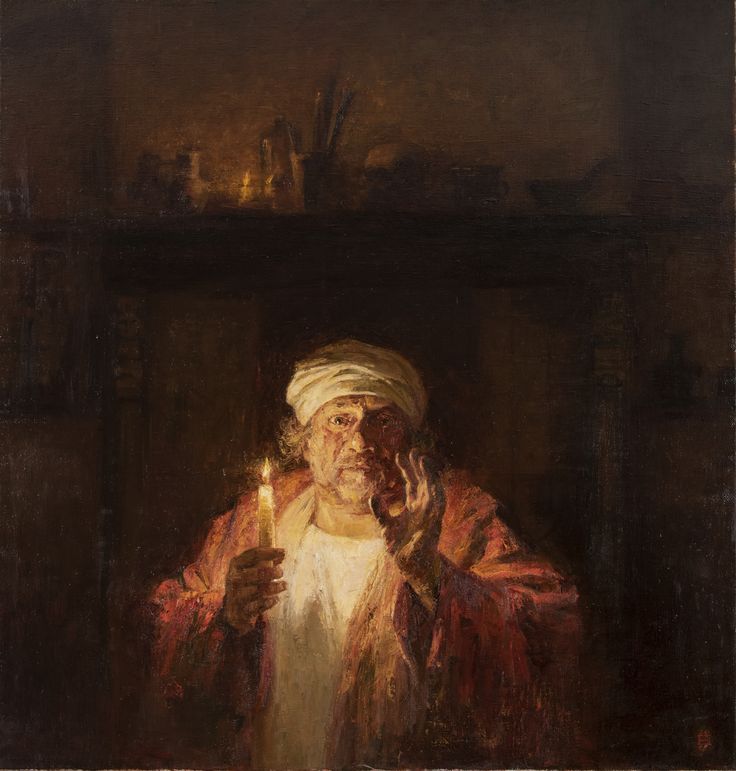 a painting of an old man holding a candle in his hand and wearing a white turban