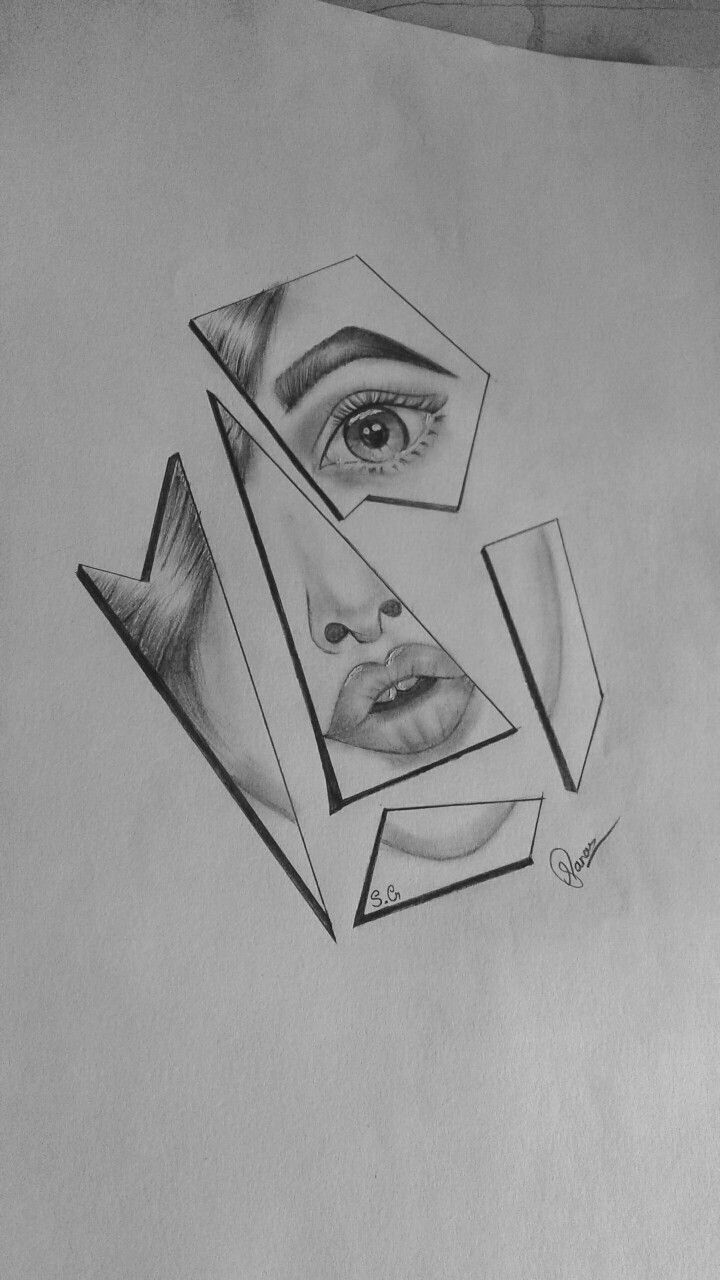 a pencil drawing of a woman's face with different shapes and sizes on paper