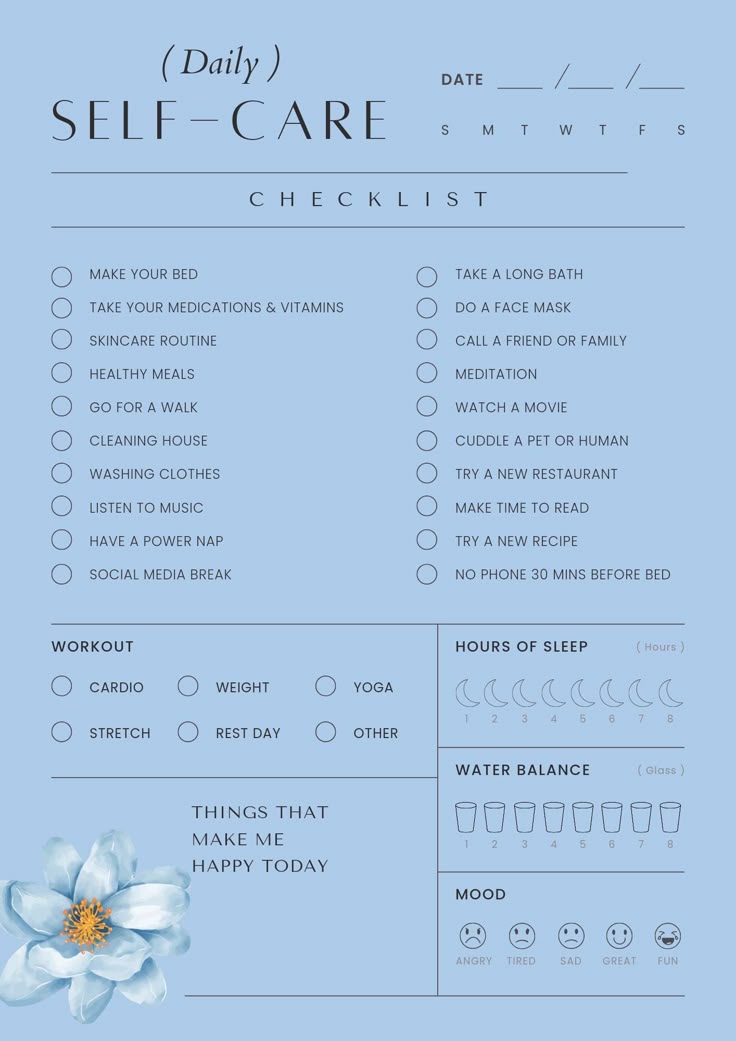 Stay organized and prioritize your well-being with our Daily Self-Care Checklist. This beautifully designed checklist helps you track your daily self-care activities, workouts, sleep hours, water intake, and mood. Perfect for anyone looking to enhance their daily routine and foster a positive mindset. Whether you're a busy professional or a stay-at-home parent, this checklist is your go-to tool for self-care Facial Care Routine Steps, Self-care Routine List, Best Self Care Routine, Self Care Maintenance, Daily Beauty Routine Checklist, Skin Care Checklist, Daily Routine Tracker, Beauty Routine Planner, Routine Tracker