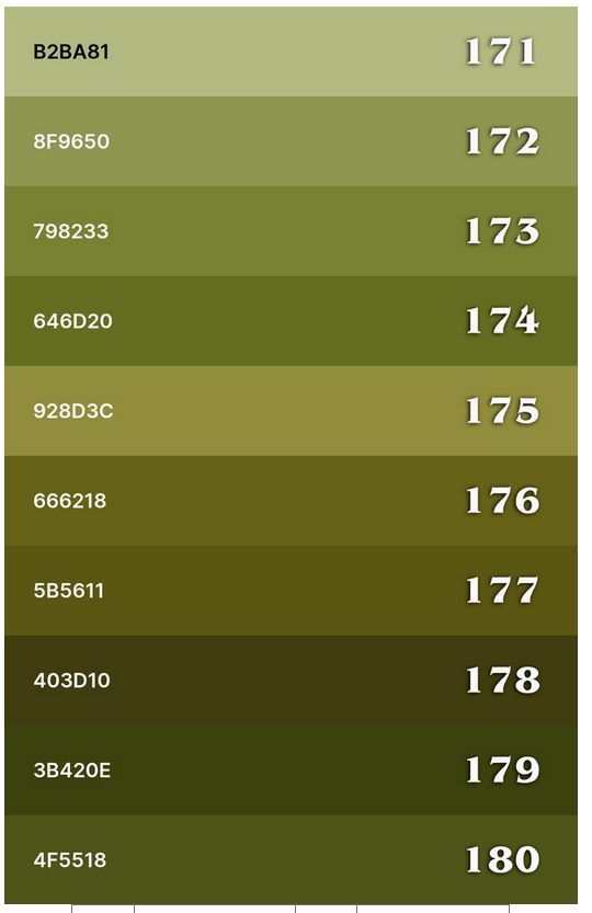 the color chart for different shades of green, brown and white with numbers on each side