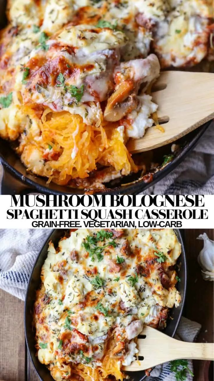 two images showing different types of casserole in pans with wooden spoons