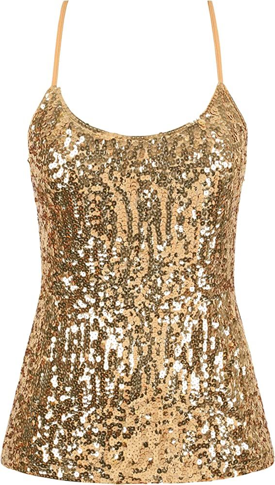 PrettyGuide Women's Sequin Cami Sparkle Fitted Strappy Tank Top Glitter Evening Vest Gold M at Amazon Women’s Clothing store Gold Sequin Top, Strappy Tank Top, Party Tank Top, Rosé Hot, Glitter Top, Strappy Tank Tops, Holiday Tops, Sequin Tank, Sequin Tank Tops