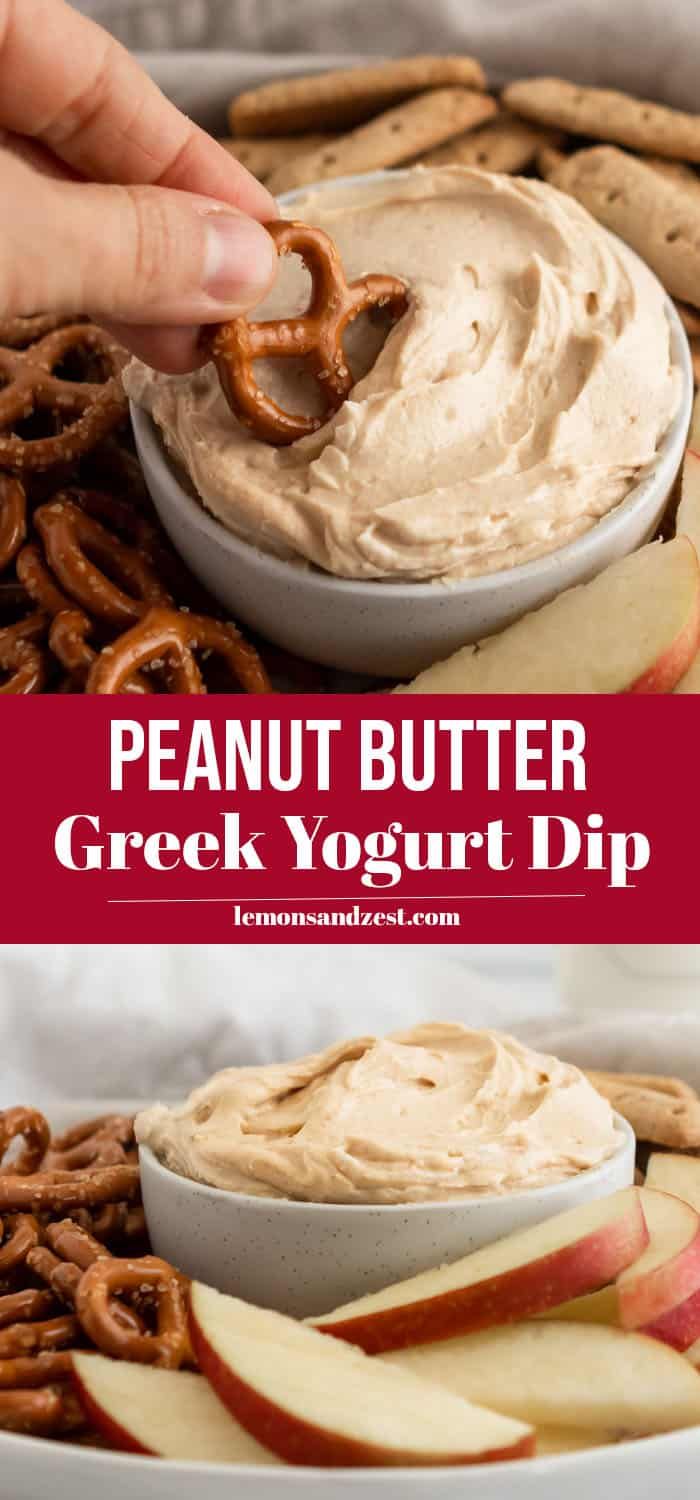 peanut butter greek yogurt dip with apples and pretzels