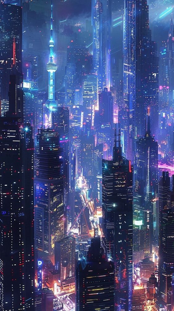 a futuristic city at night with skyscrapers lit up in blue and purple lights,