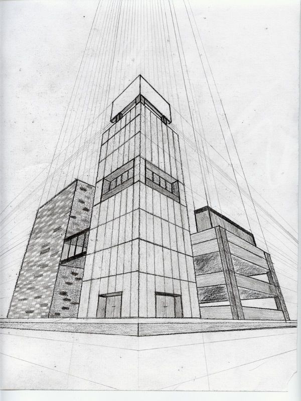 a drawing of a tall building with lots of windows on the top and bottom floor