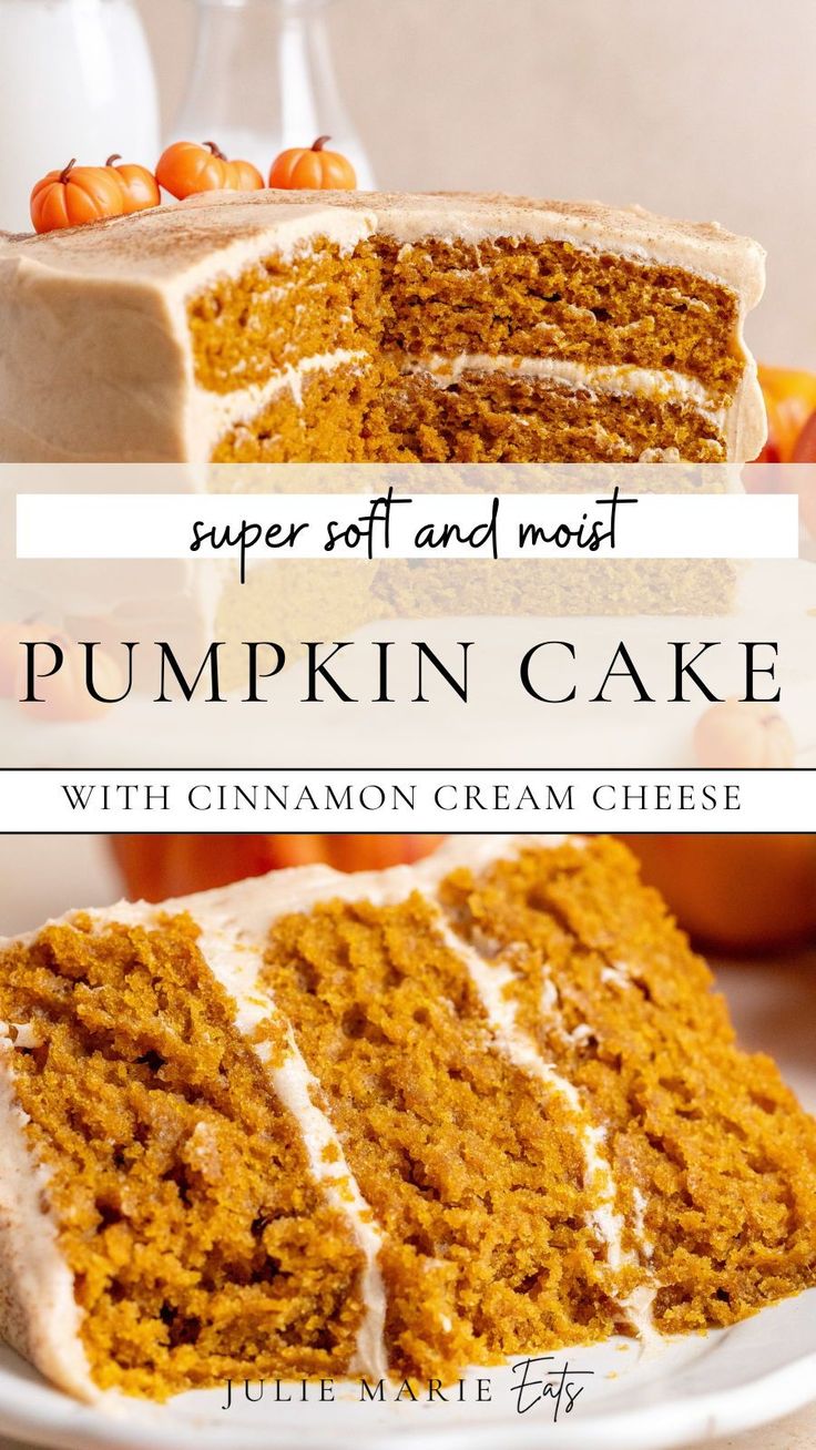 a slice of pumpkin cake with cinnamon cream cheese frosting is on a white plate