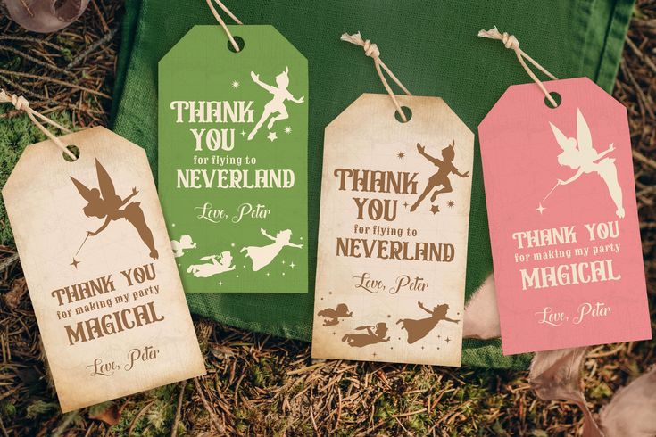 four tags that say thank you, neverland, and have tinkerbells on them