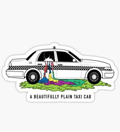 a sticker depicting a white taxi cab with the words, a beautifully plain taxi cab