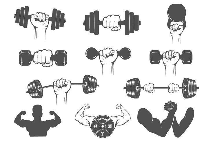 the silhouettes of people doing different exercises with dumbbells and barbells