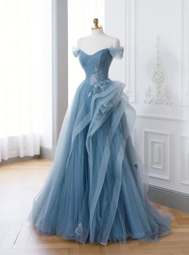 Blue Off-shoulder Gown For Prom, Off-shoulder Tulle Gown For Evening, Elegant Blue Off Shoulder Dress For Prom Season, Blue Off-shoulder Ball Gown For Prom, Light Blue Off-shoulder Prom Dress, Blue Off-shoulder Prom Gown, Blue Fitted Off-shoulder Dress For Wedding, Blue Off-shoulder Prom Evening Dress, Blue Off-shoulder Evening Dress For Prom