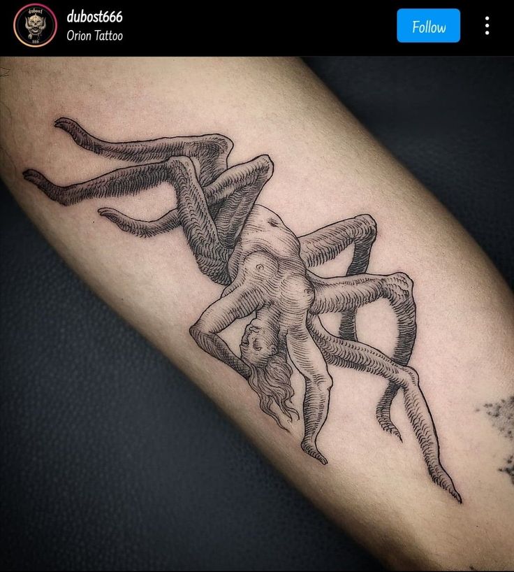 a tattoo on the arm of a man with an octopus crawling out of his body