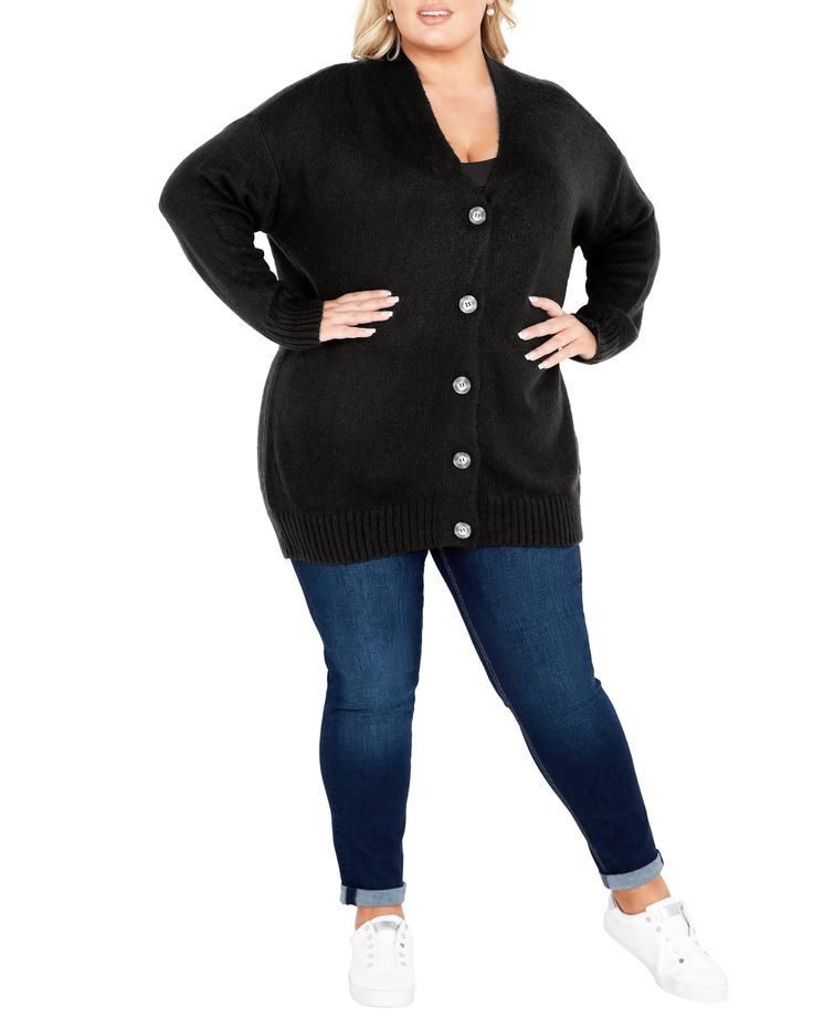 Bring this cardigan along with you whenever you want a little extra coverage. Layer it over your outfit to fend off a chilly evening or the office's too-cool-for-comfort AC. A plus size cardigan that's easy to pair with your favorite tank top or dress avenue Teagan Cardi | Black | Tops | Materials & Care Instructions: ['75% Acrylic, 25% Polyester', 'Machine wash'] Black Button-up Cardigan For Formal Occasions, Black Cardigan For Night Out, Affordable, Plus Size Cartigan Sweaters, Plus Size Business Attire, Black Relaxed Fit V-neck Cardigan, Plus Size Business, Torrid Long Heavy Cardigan, Plus Size Cardigan, Stylish Plus Size Clothing