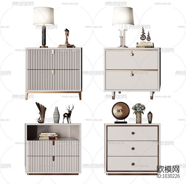 three white dressers with lamps on top and one in the middle, both side by side