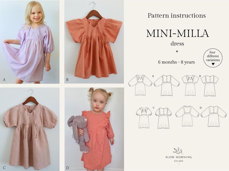 ✄ Digital Sewing pattern  Mini-Milla Digital PDF sewing pattern for kids, sizes 6 months to 8 years. An effortlessly fitting dress available in four versatile styles, all featuring a gathered  skirt at the empire waist and a button-up back. The bodice is designed with two layers  for easy assembly. Choose from options with long puffy sleeves or short sleeves to suit your style. 🌸 Mini-Milla PDF sewing pattern comes with four versatile styles. 🌸 This is downloadable PDF pattern. Please note you will not receive a physical pattern, you will receive a zip file download. This is instant 24/7 download. When you purchase the item you will find the PDF pattern in your Etsy Purchases and reviews. 🌸 Check the fabric usage information in the images. 🌸 Pattern is available in 3 print sizes: A4 (p Kids Sewing Pattern, Sewing Terms, Long Puffy Sleeves, Patterns For Kids, Clear Tape, Kids Sewing, Small Clothes, Sewing Patterns For Kids, Fitting Dress