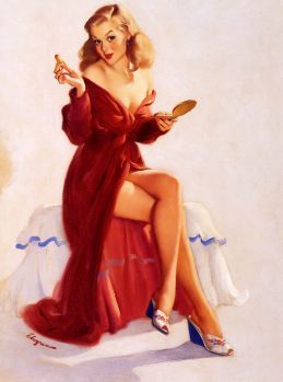 a painting of a woman in a red dress sitting on a chair holding a spoon