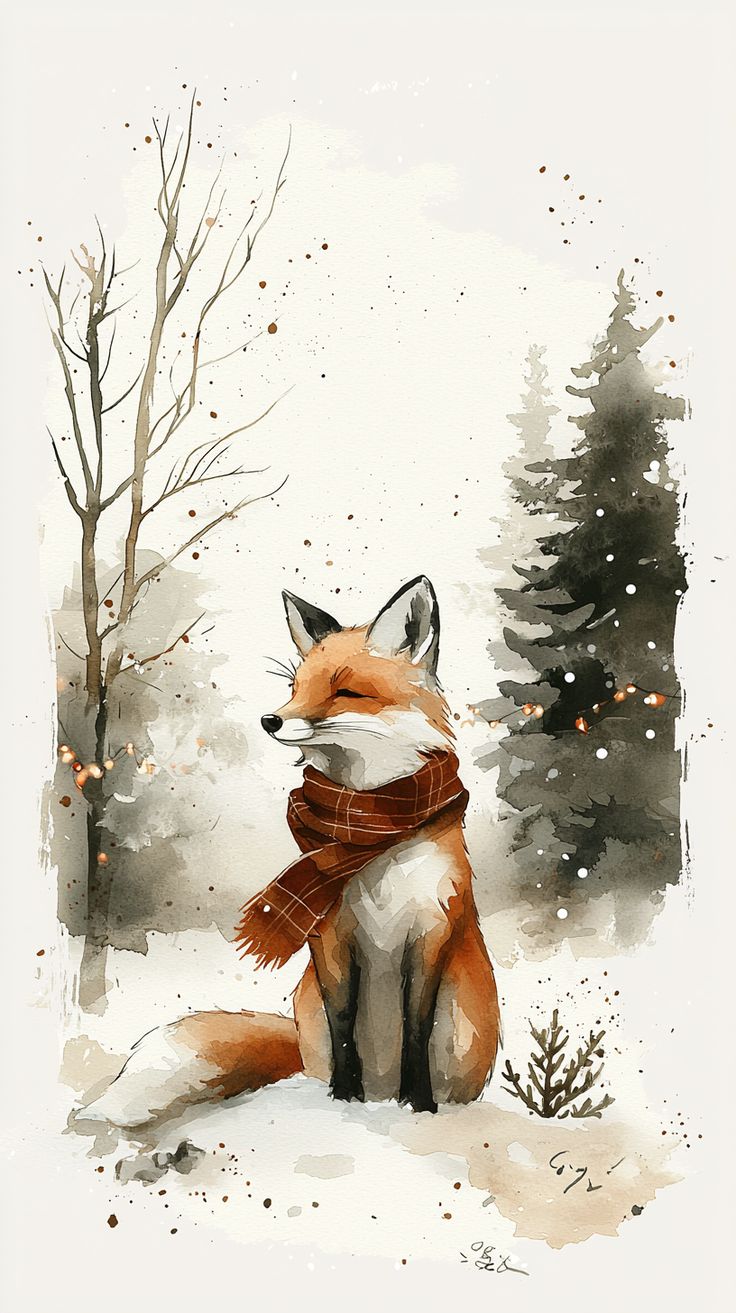 Whimsical holiday fox wearing a festive scarf, playing in the snow with a backdrop of twinkling lights and evergreen trees, radiating warmth and Christmas joy. Christmas Fox Wallpaper, Playing In Snow, Painted Christmas Cards, Watercolor Art Face, Bible Verse Wall Decor, Painted Slate, Learn Watercolor Painting, Fox Christmas, Wallpaper Christmas