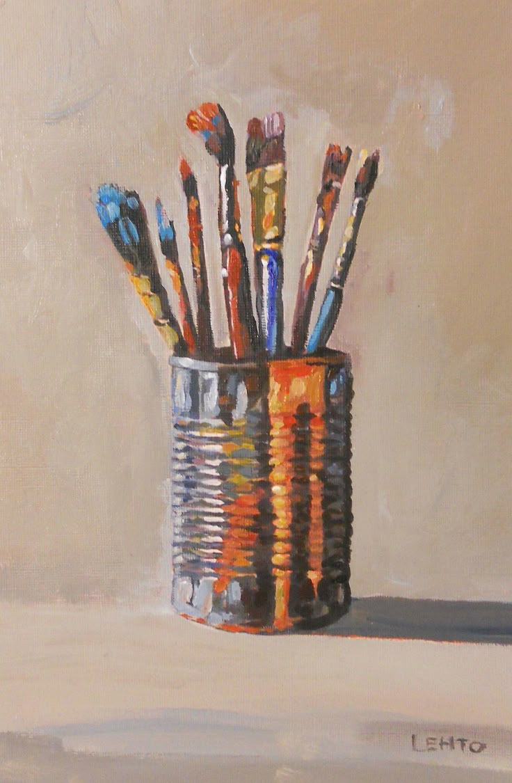 an oil painting of paint brushes in a tin