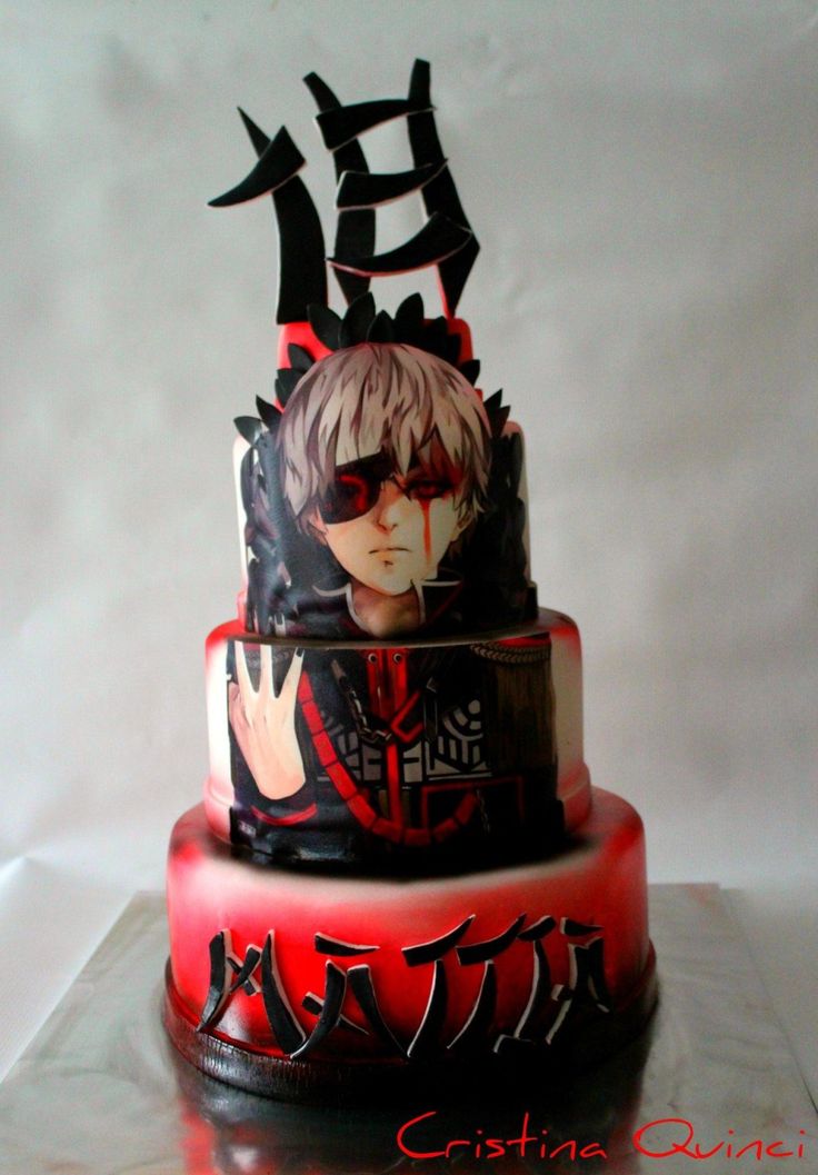 a three tiered cake with an anime character on the front and back sides, decorated with black lettering