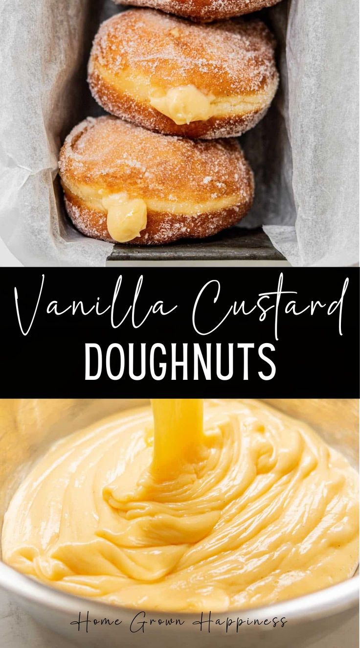 vanilla custard doughnuts in a white bowl with butter on top and the words, vanilla custard doughnuts