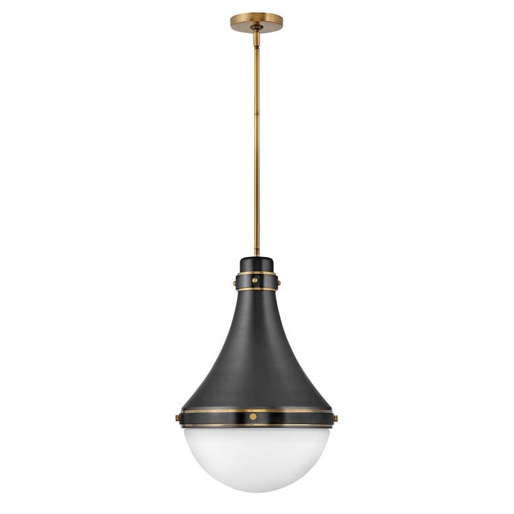 a black and gold hanging light fixture with a white glass ball on the bottom of it