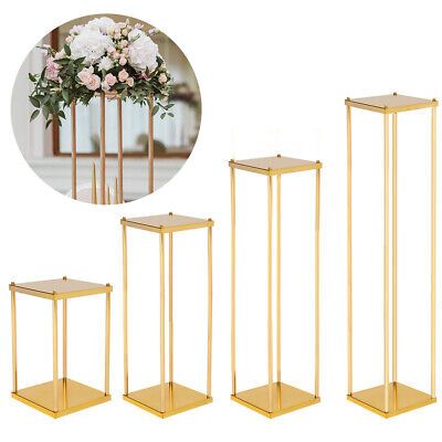 three gold metal stands with flowers in them and a photo of the same stand next to each other