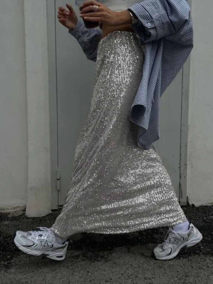 ⚡Buy 2023 Glittering Sequin Maxi Dress Silver S under $38.00 in Skirts at AnotherChill.com Online. Style: Casual/Street/Sweet/Vintage/Sexy. Fabric Content: Polyester. Fit Type: Loose Fit. Length: Maxi Skirt. ✓2023 S/S OUTFITS. Check reviews and buy Glittering Sequin Maxi Dress today. Sequin Skirt Outfits, Sequin Maxi Skirt Outfit, Retro 90s Outfits, Silver Skirt Outfits, Edgy Grunge Style, Summer Club Outfits, Maxi Sequin Skirt, Silver Skirt, Glitters Skirt